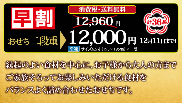 早割/新春予約/かば田のおせち二段重/送料込み/36品・2～3人前/お節